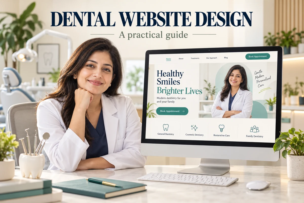 Illustrative dentist beside a dental clinic homepage design