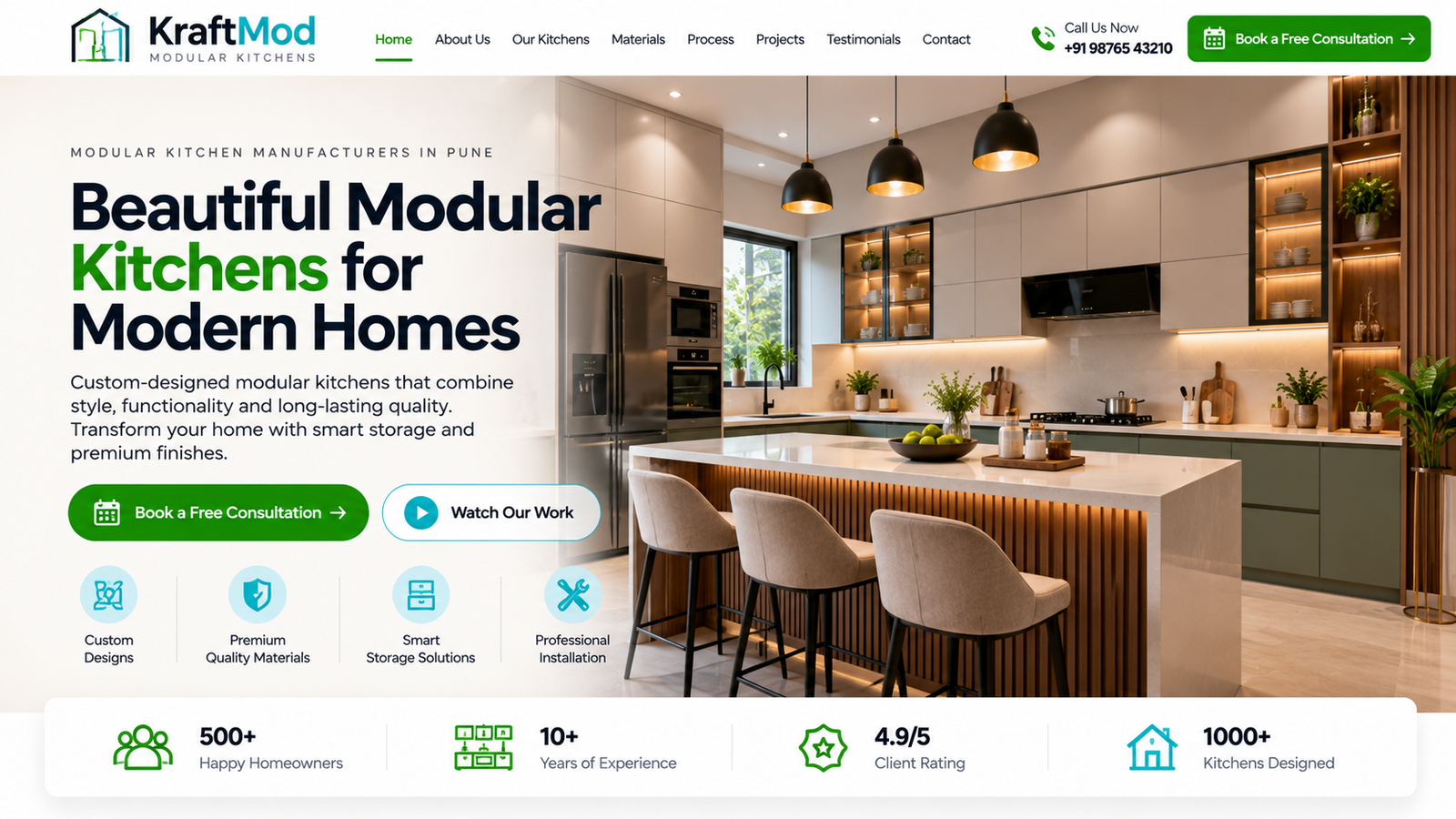 KraftMod modular kitchen homepage showing a modern custom kitchen