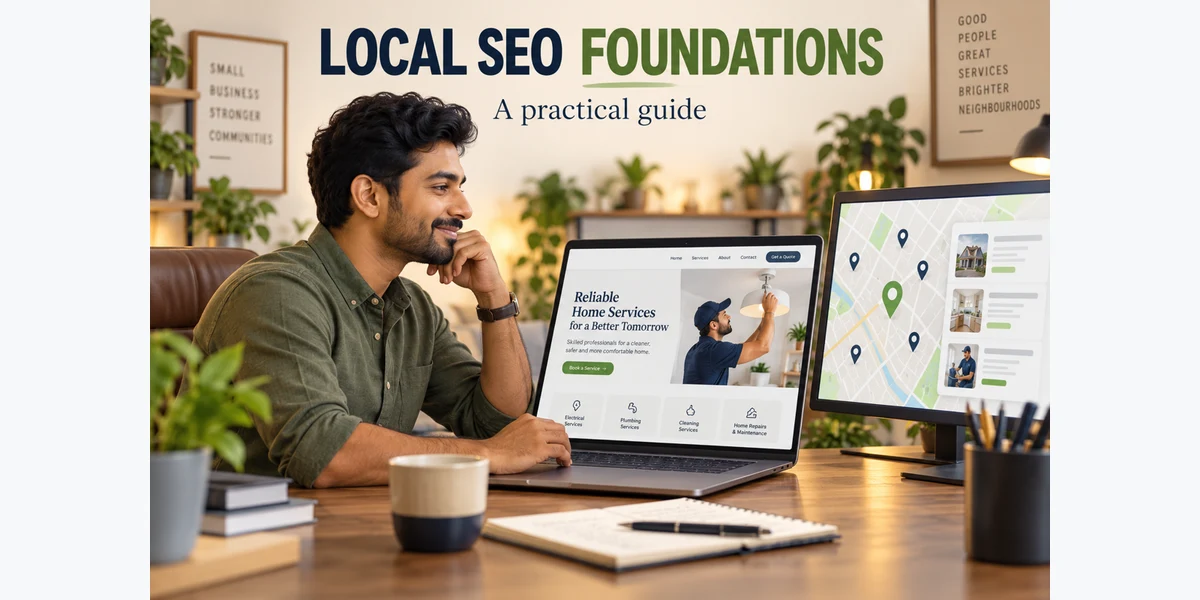 Illustrative business owner reviewing a local services website and map