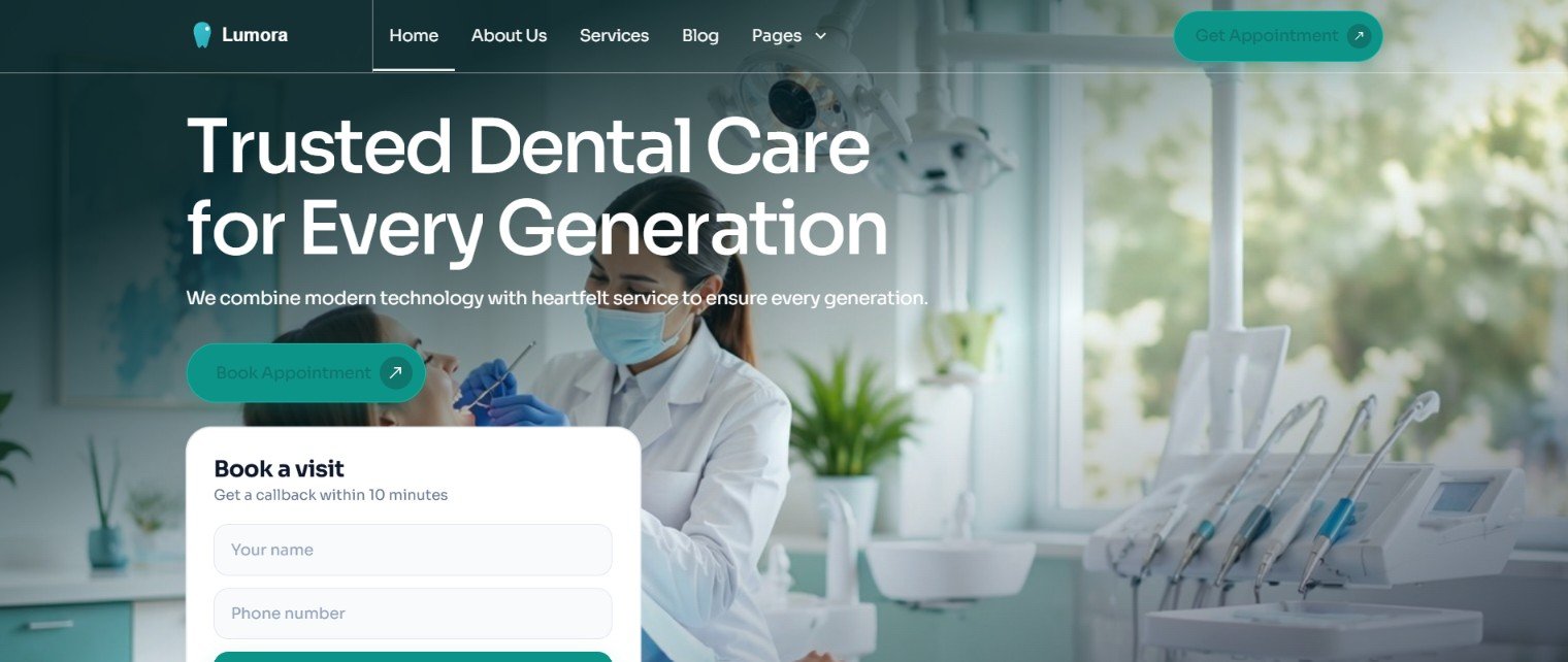 Lumora dental clinic website homepage showing trusted dental care and an appointment form