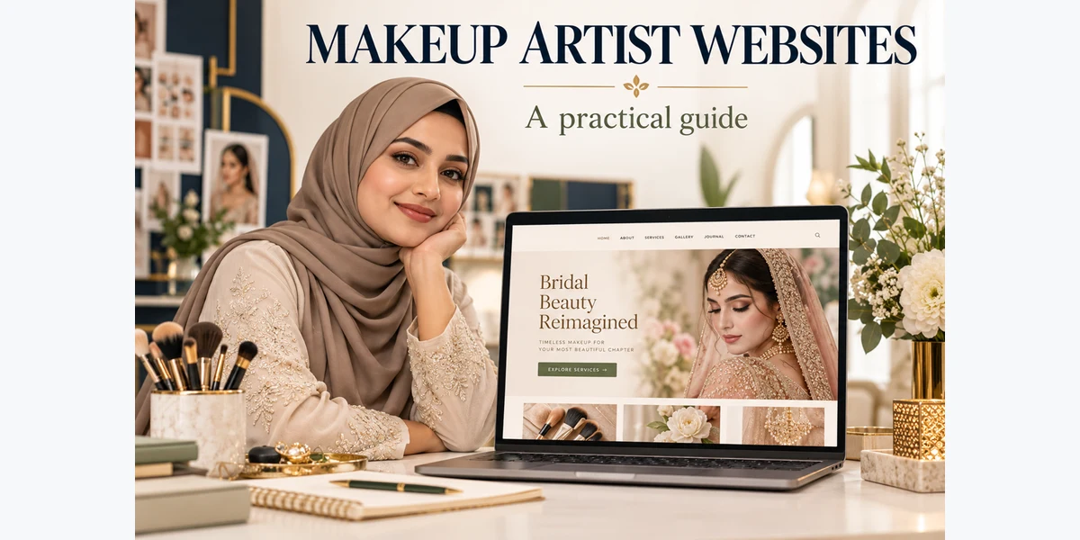 Illustrative makeup artist in a hijab beside a bridal portfolio website