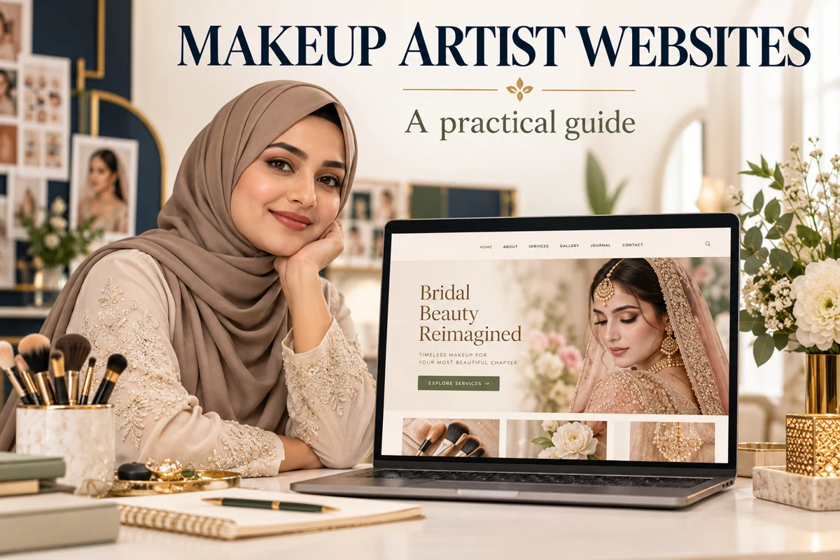 Illustrative makeup artist in a hijab beside a bridal portfolio website
