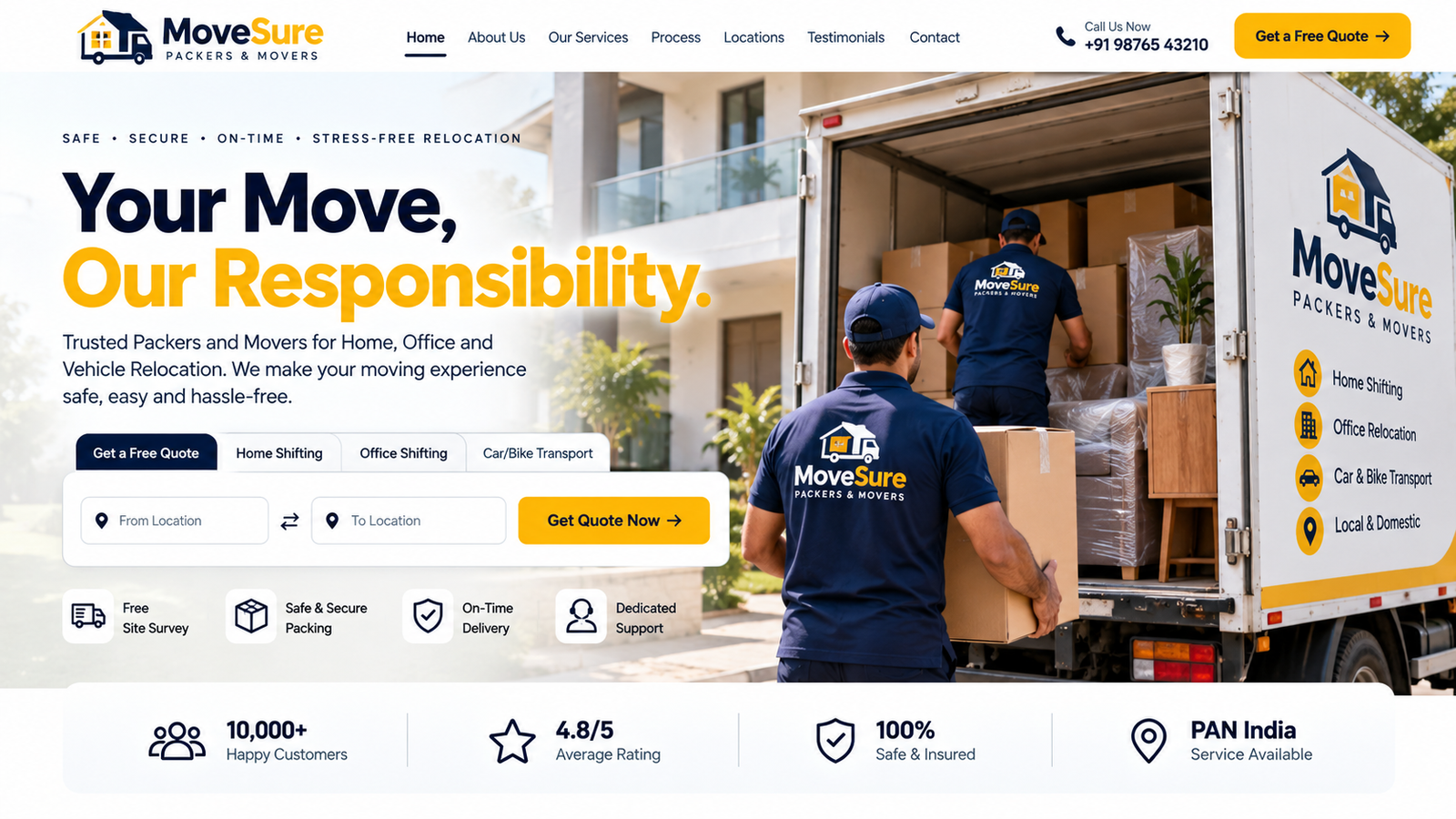 MoveSure packers and movers homepage featuring a home relocation service
