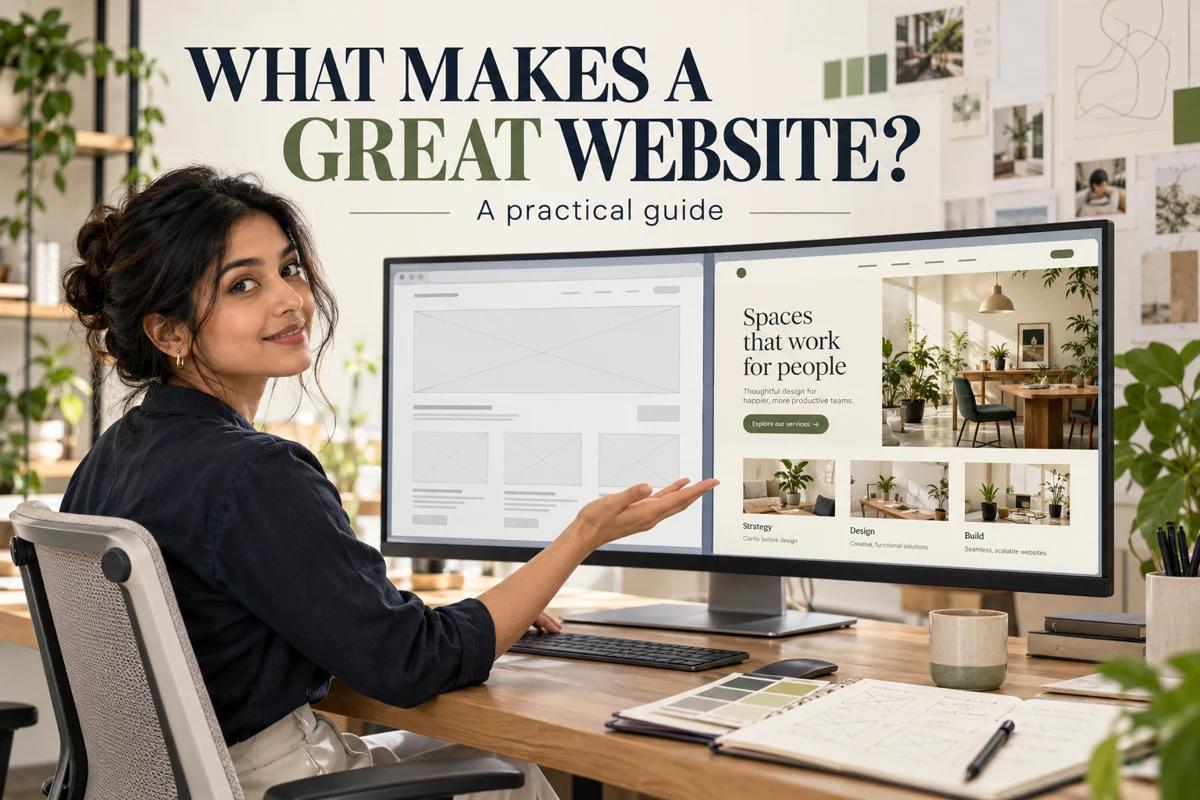 Illustrative designer comparing a wireframe with a finished business homepage