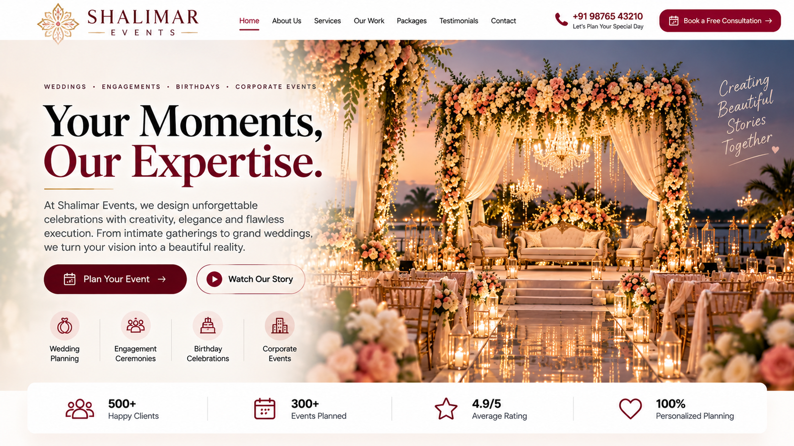 Shalimar Events homepage featuring a luxury wedding celebration