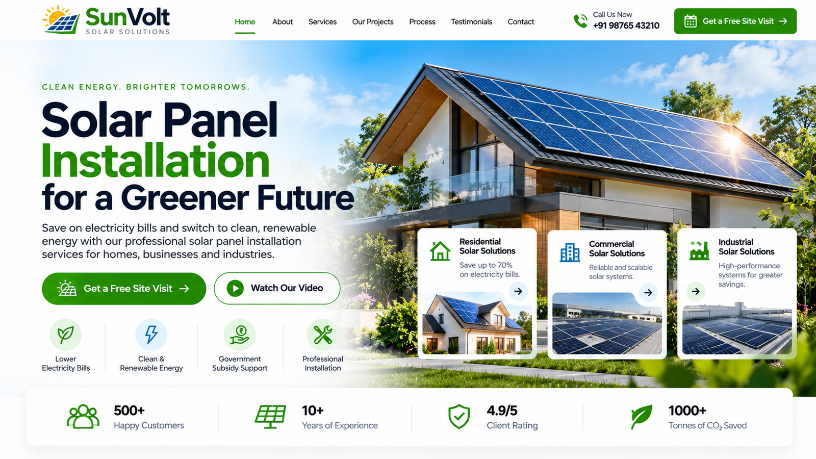 SunVolt Solar Solutions homepage featuring rooftop solar panels