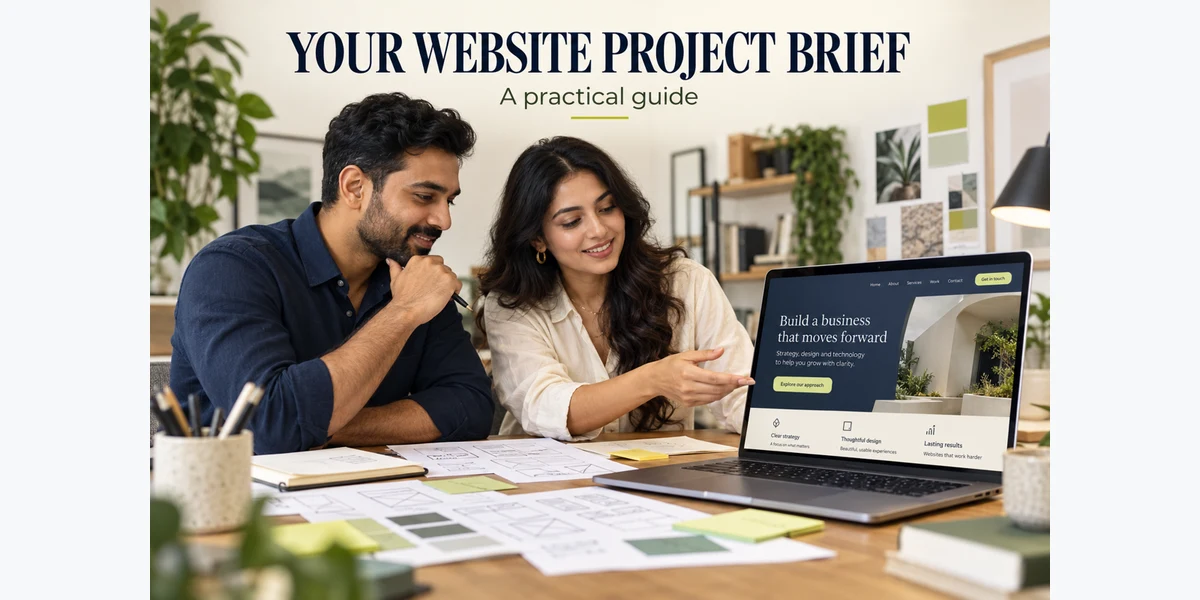 Illustrative business owner and designer reviewing a website project