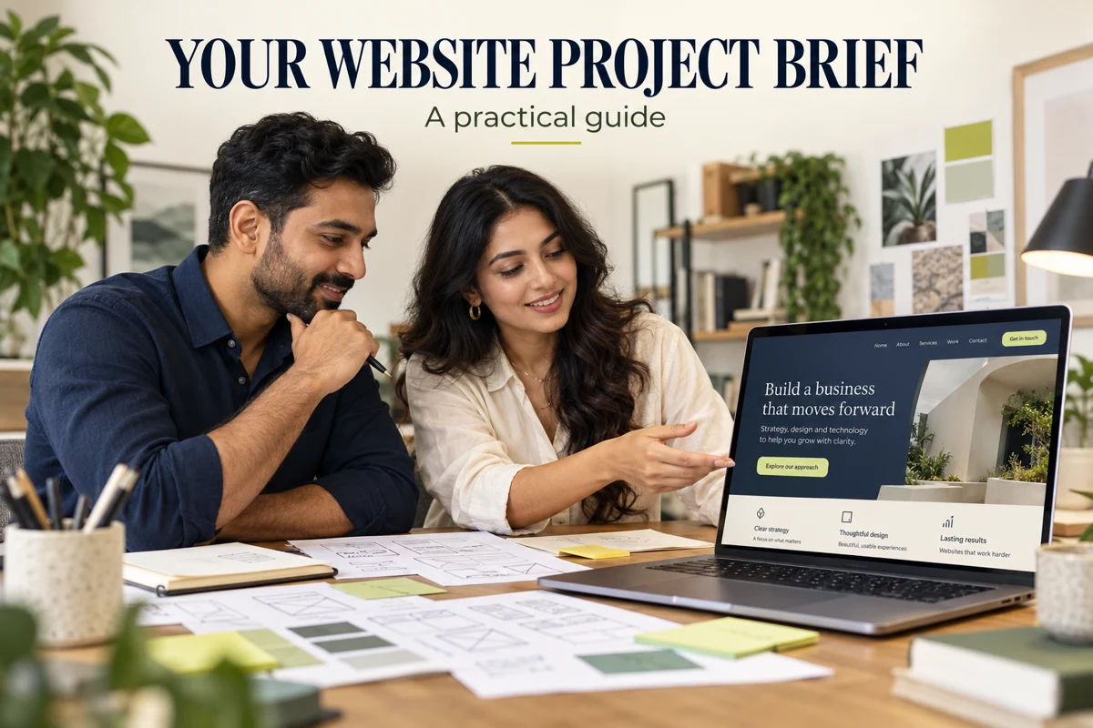 Illustrative business owner and designer reviewing a website project